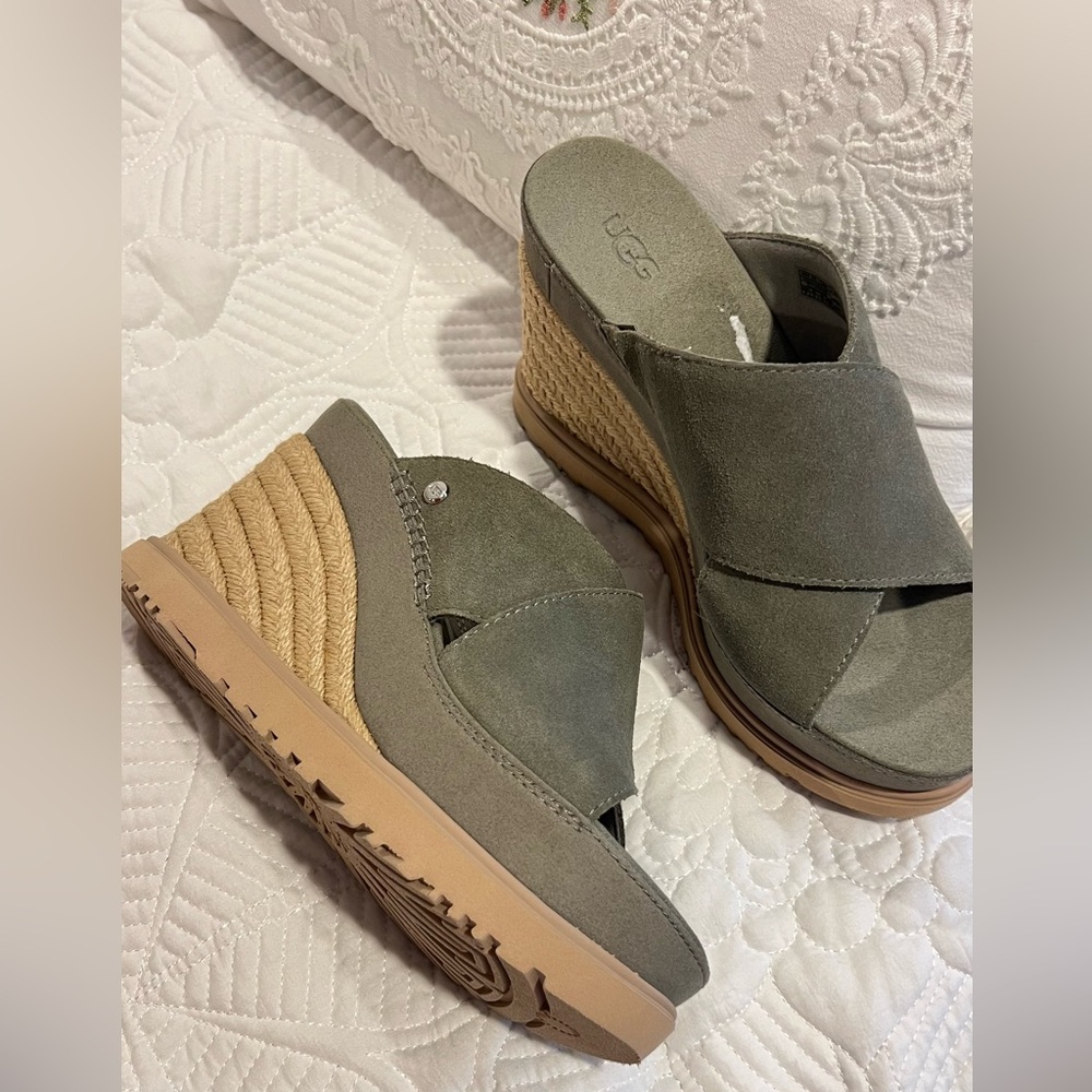 UGG Olive Green Suede Wedge Sandals - Picture 4 of 7